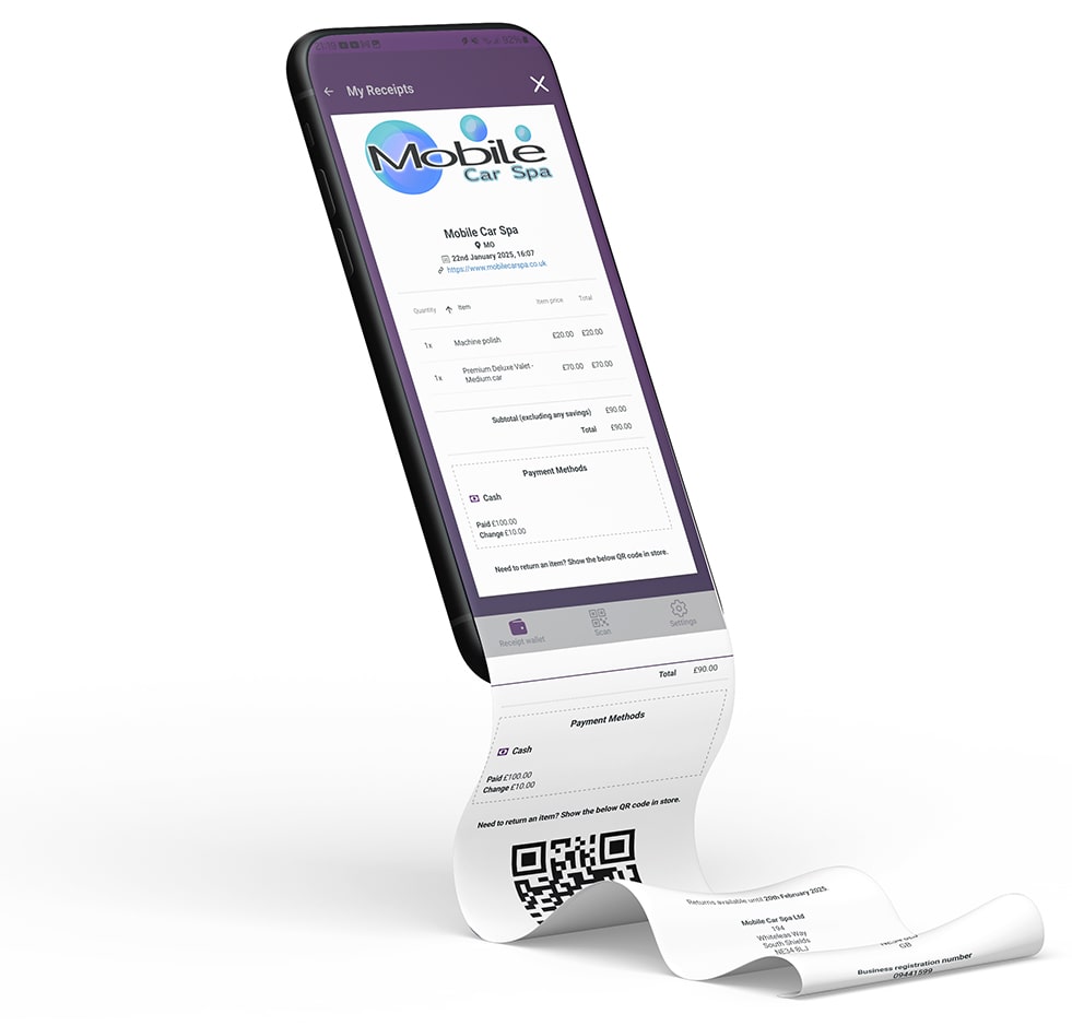 A screenshot of the Crumple app showing an example receipt displayed on a phone